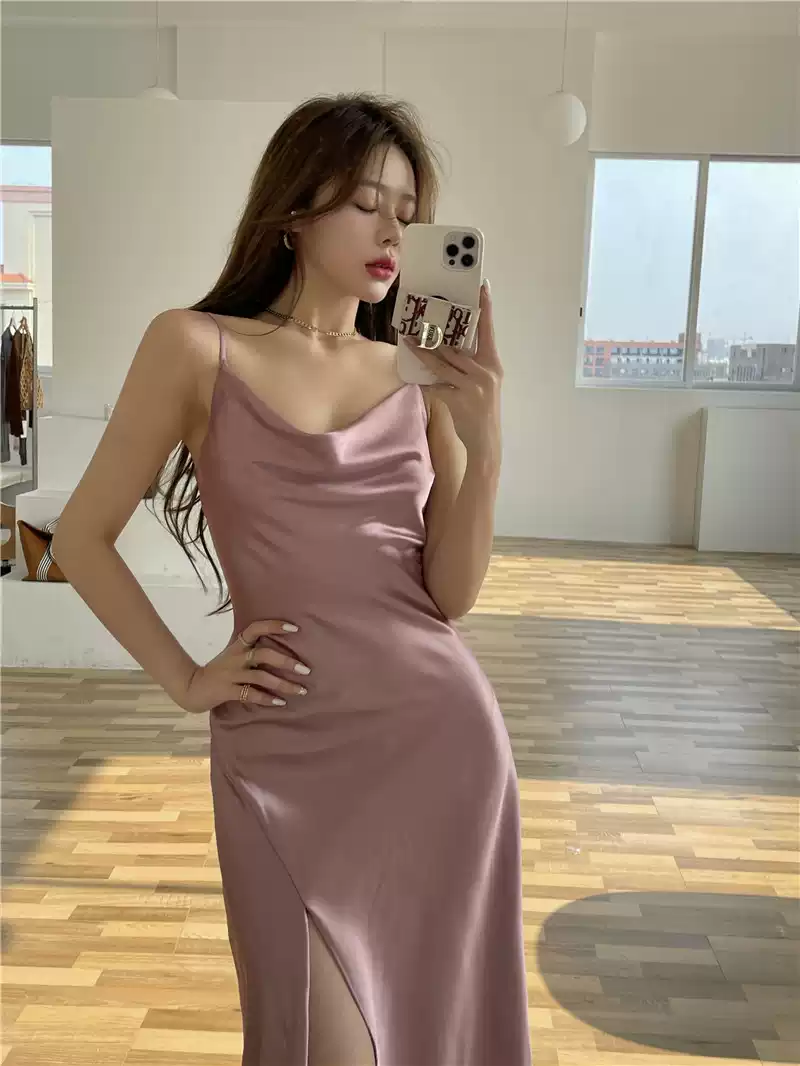 Elegant Spaghetti Strap Silk Side Slit Midi Semi Formal Dress,Sexy Slim Evening Dress For Women Y1197