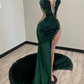 Green Velvet Sexy Strapless Prom Dresses Women Custom Split Long Evening Dress Y1422