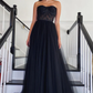 Strapless Black Lace Tulle Long Prom Dress, Black Lace Formal Dress, Black Evening Dress Y205