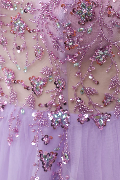 Sexy Purple V Neck Beaded Tulle Long Prom Dress,Graduation Dress Y1348