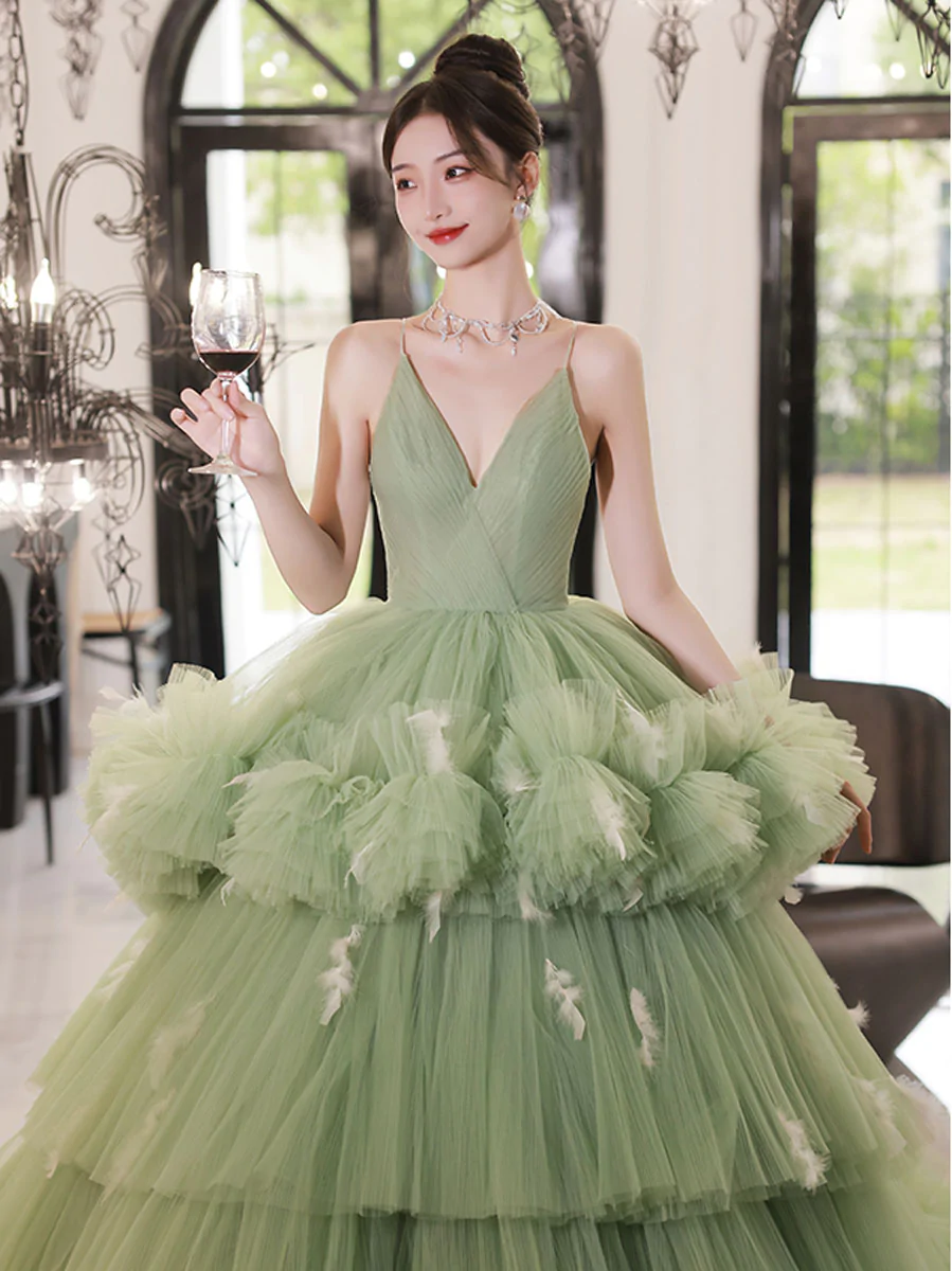Green v neck tulle long prom dress, green tulle sweet 16 dress Y838