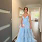 Charming A Line V Neck Light Blue Tulle Long Prom Dresses Y1477