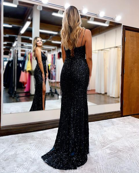 Fashion Mermaid V Neck Black Sequins Long Prom Dresses with Slit Y1785