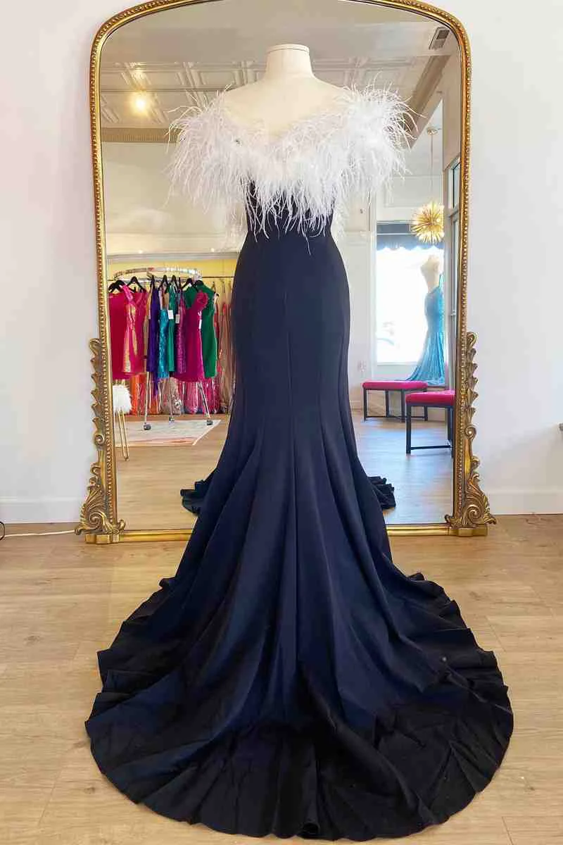 Long Black High Slit Prom Dress with White Feather Y872