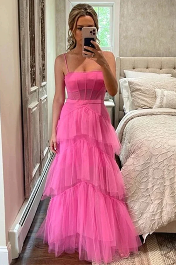 Elegant A-Line Hot Pink Tiered Tulle Long Prom Dress Evening Dress Y1594