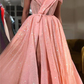 A Line Pink Sequins Off the Shoulder Prom Dresses with Split, V Neck Dance Dresses Y888