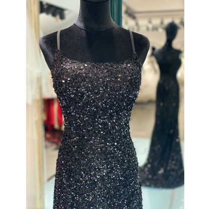Glitter Mermaid Scoop Neck Black Sequins Long Prom Dresses with Cross Back Y1793