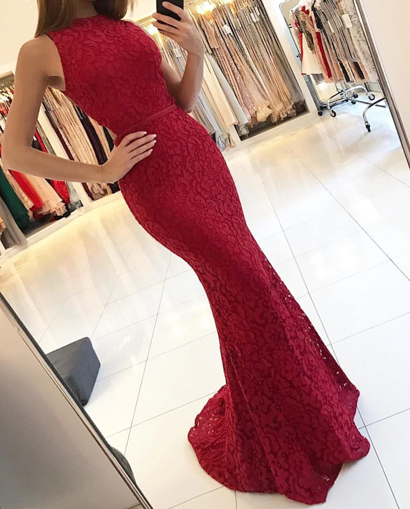 Elegant Burgundy Mermaid Lace Evening Dresses Y771