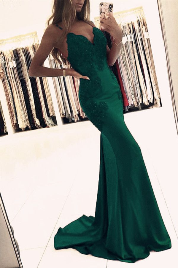 Mermaid green sleeveless v-neck spaghetti-straps applique beaded evening dress Y1188
