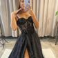 Black Shiny Tulle Sweetheart with Lace Straps Long Party Dress, Black Formal Dress Y1482