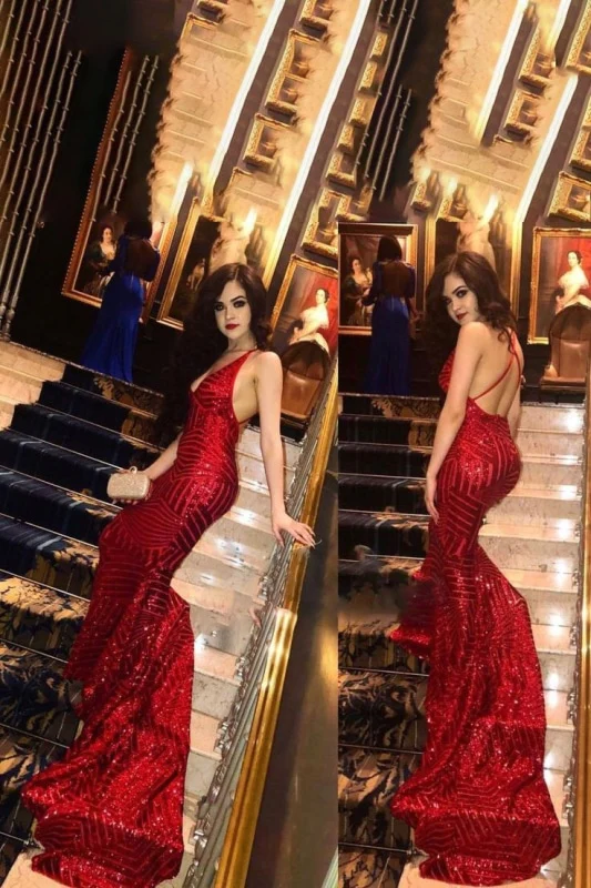 Red Sequins Glitter V-neck Sleeveless Mermaid Prom Dresses Y953