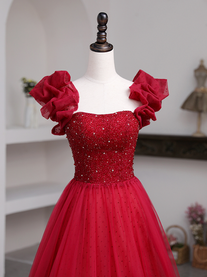 Generous A-line Red Tulle Prom Dress,Lace-up Back Prom Dress Y795