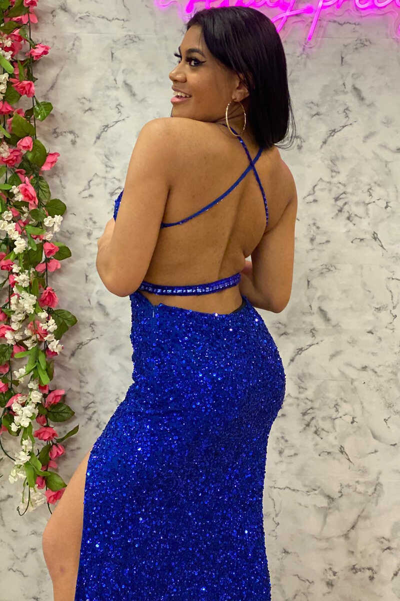 Sexy Royal Blue Sequin Mermaid Long Formal Gown,Backless Evening Dress Y1695