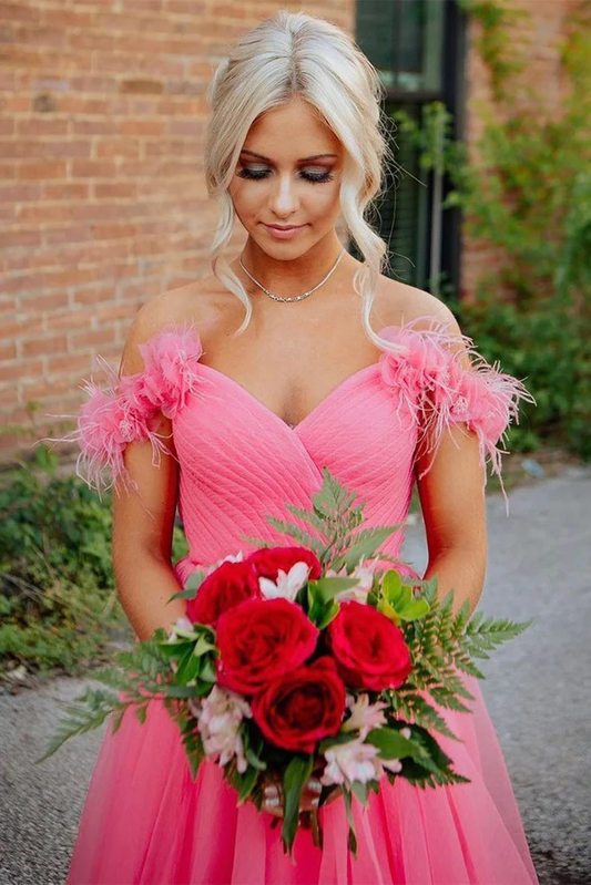 Off Shoulder Hot Pink Tulle Long Prom Dress, Long Hot Pink Tulle Formal Graduation Evening Dress Y1493