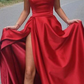 A-Line Red Satin Spaghetti Straps Formal Fashion Evening Long Prom Dresses Y784