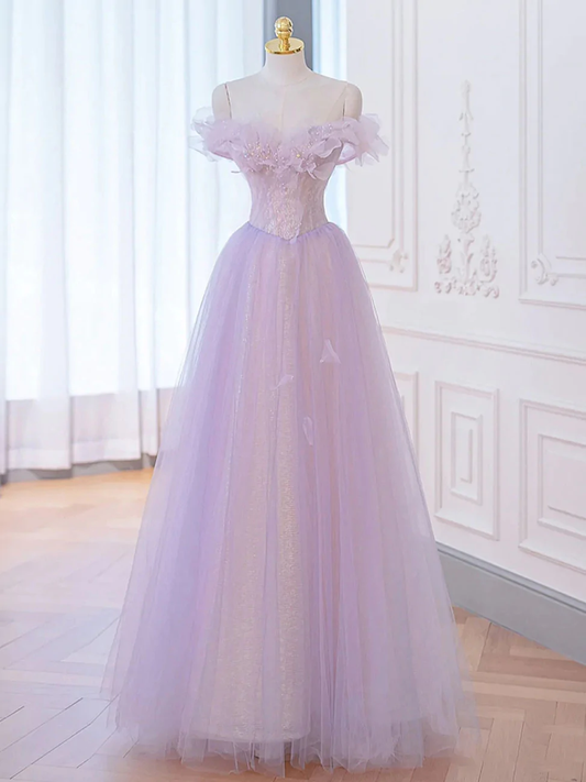 A-Line Purple Off Shoulder Long Prom Dress, Purple Formal Evening Dresses Y1783