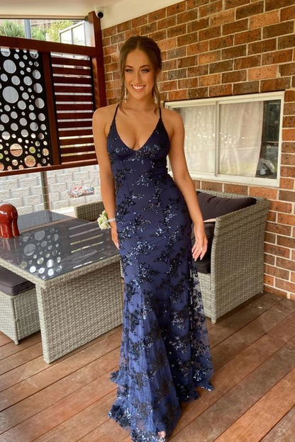 navy blue mermaid tulle and sequins long formal prom dress with v neckline and lace up back Y1563