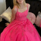 Open Back Hot Pink Tulle Lace Long Prom Dresses, Hot Pink Lace Formal Graduation Evening Dresses Y1585