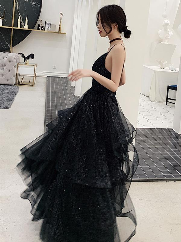 Shiny Black V Neck Prom Dresses, Backless Black V Neck Formal Evening Gown Y1148