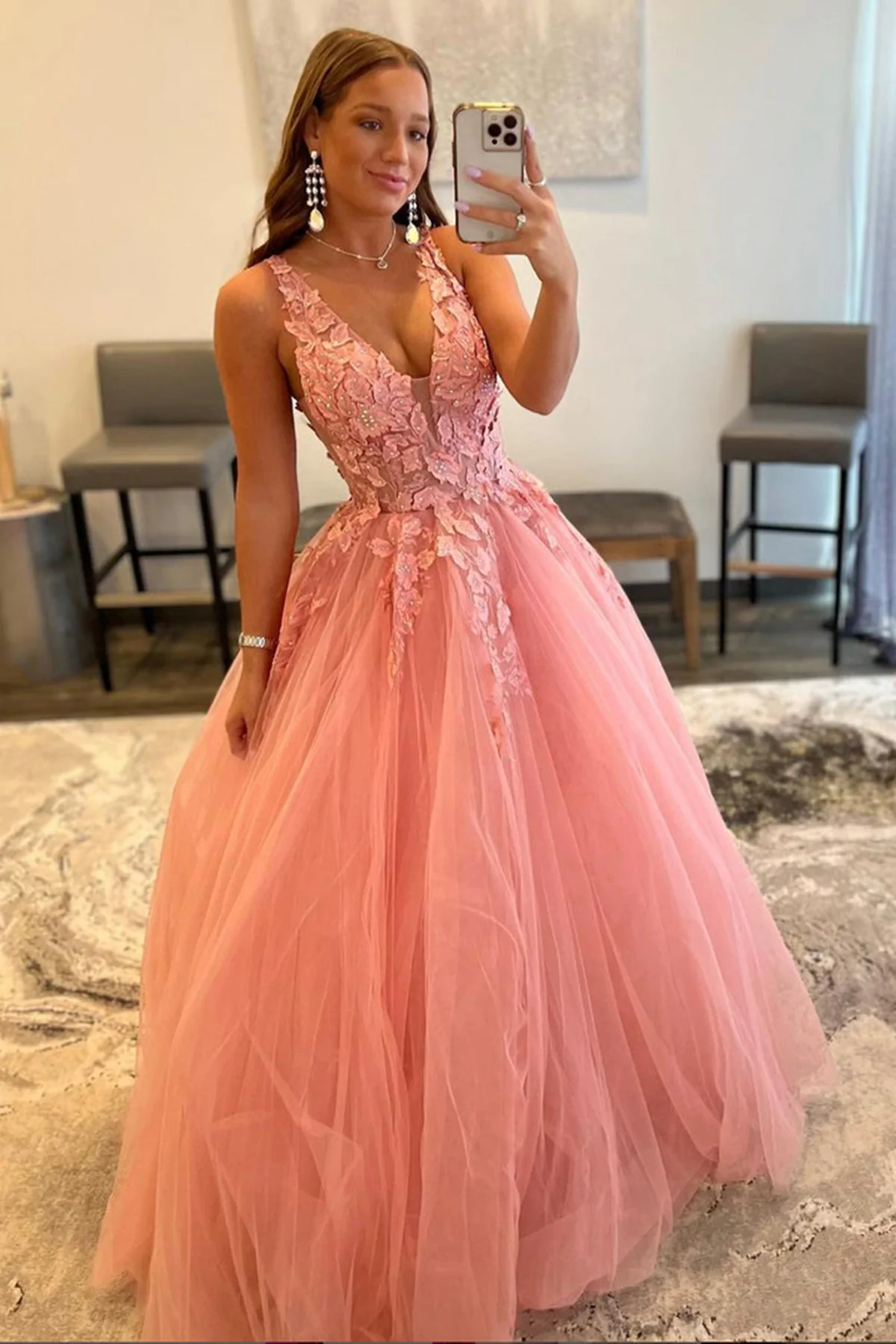 V Neck Open Back Beaded Pink Lace Long Prom Dresses, Pink Tulle Formal Dresses with Lace Appliques Y373