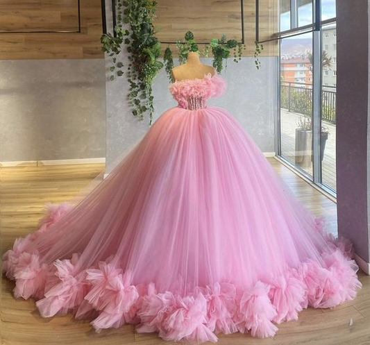 pink prom dresses, ruffle prom dresses, ball gown,puffy prom dresses, tulle evening dresses, new arrival evening dresses Y1492