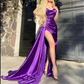 Sexy Purple Mermaid Satin Long Prom Dresses Side Slit Long Evening Dress Y1923