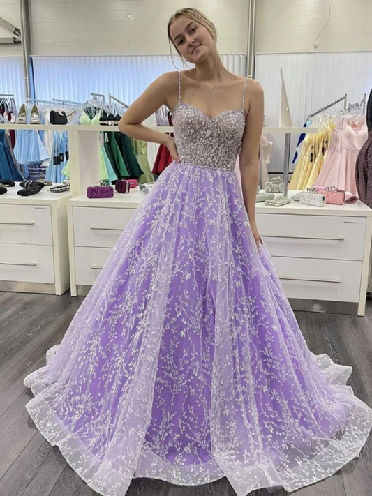Sweetheart Neck Open Back Purple Lace Long Prom Dresses, Purple Lace Formal Dresses, Purple Evening Dresses Y1730