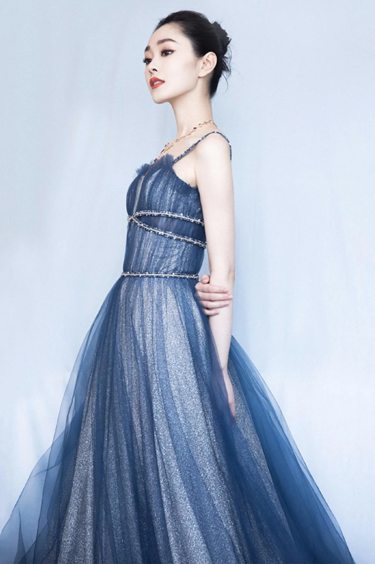 Shiny tulle long A line prom dress blue evening dress Y105
