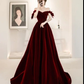 Chic Burgundy Velvet Long Prom Dress,Off The Shoulder Prom Gown Y1184