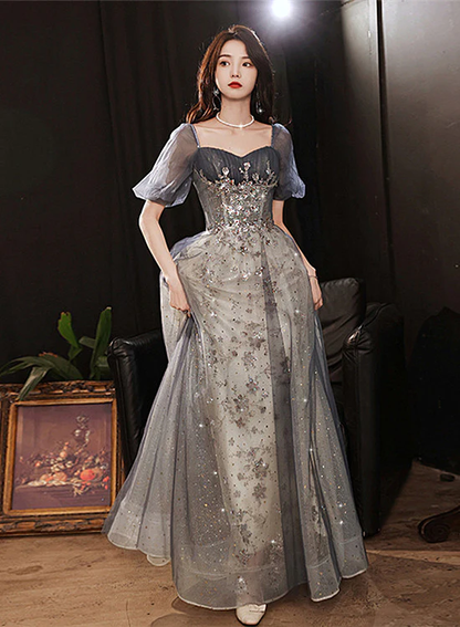 Elegant A-Line Grey Tulle Short Sleeves Long Party Dress, Grey Evening Dress Y1507