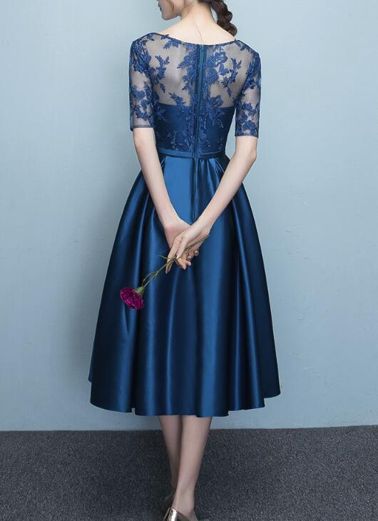 Blue Short Sleeves Tea Length Prom Dress, Blue Bridesmaid Dresses, Wedding Party Dresses Y1323