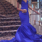Charming Satin Mermaid Royal Blue V Neck Backless Criss Cross Prom Dresses Y1267