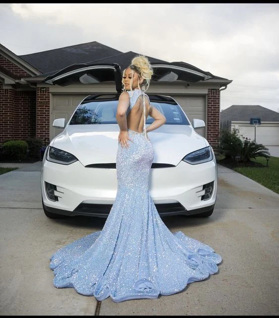 Blue Sparkly Evening Dress Long Mermaid Prom Dress Y1647