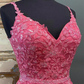 A Line V Neck Beaded Hot Pink Lace Long Prom Dress, Hot Pink Lace Formal Graduation Evening Dress  Y216