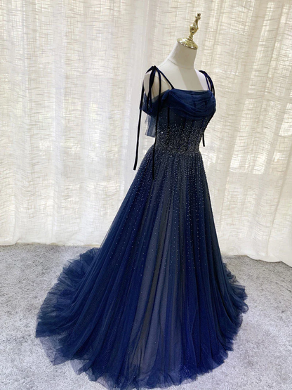 Dark Blue Tulle Sequin Long Prom Dress, Dark Blue Tulle Formal Dress Y523
