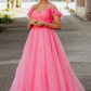Off Shoulder Hot Pink Tulle Long Prom Dress, Long Hot Pink Tulle Formal Graduation Evening Dress Y1493