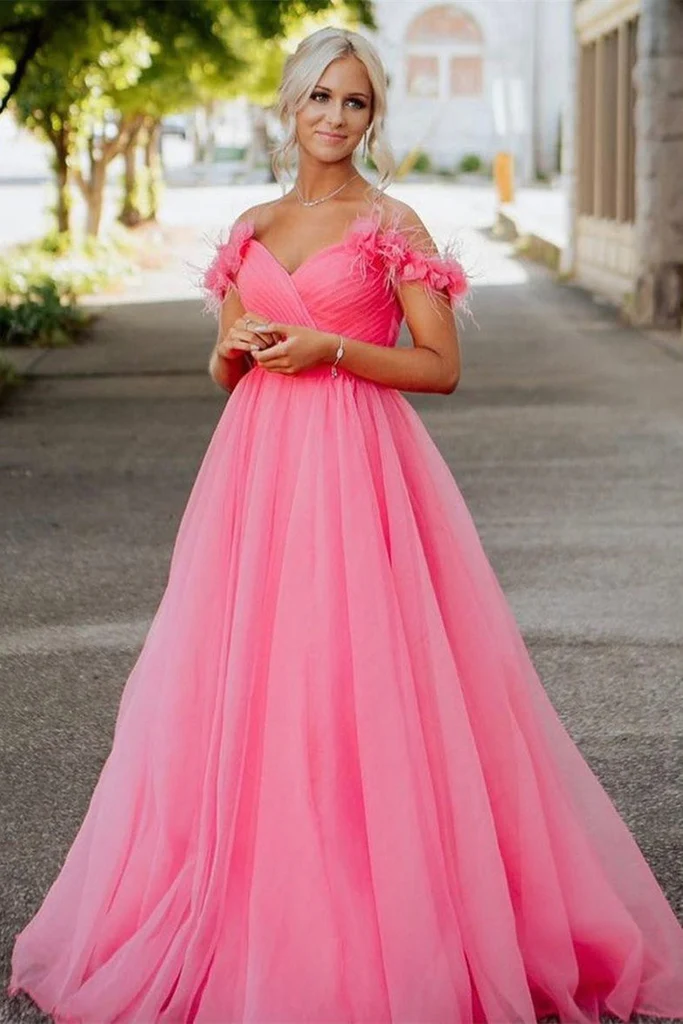 Off Shoulder Hot Pink Tulle Long Prom Dress, Long Hot Pink Tulle Formal Graduation Evening Dress Y1493