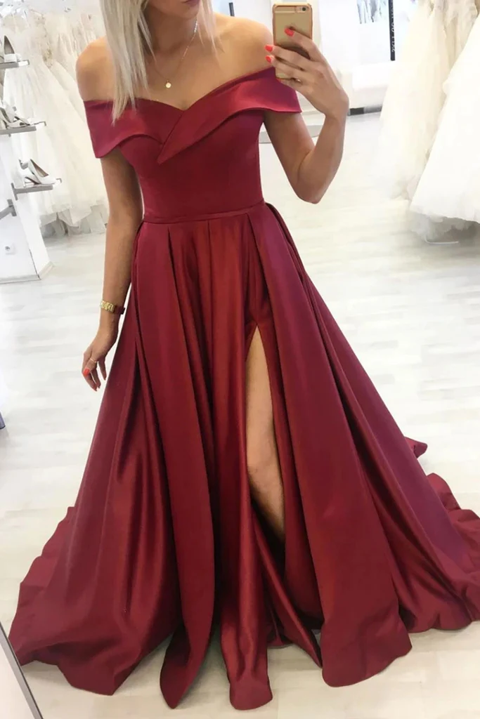 Off Shoulder Burgundy Satin Long Prom Dress with Slit, Off Shoulder Burgundy Formal Dress Y226