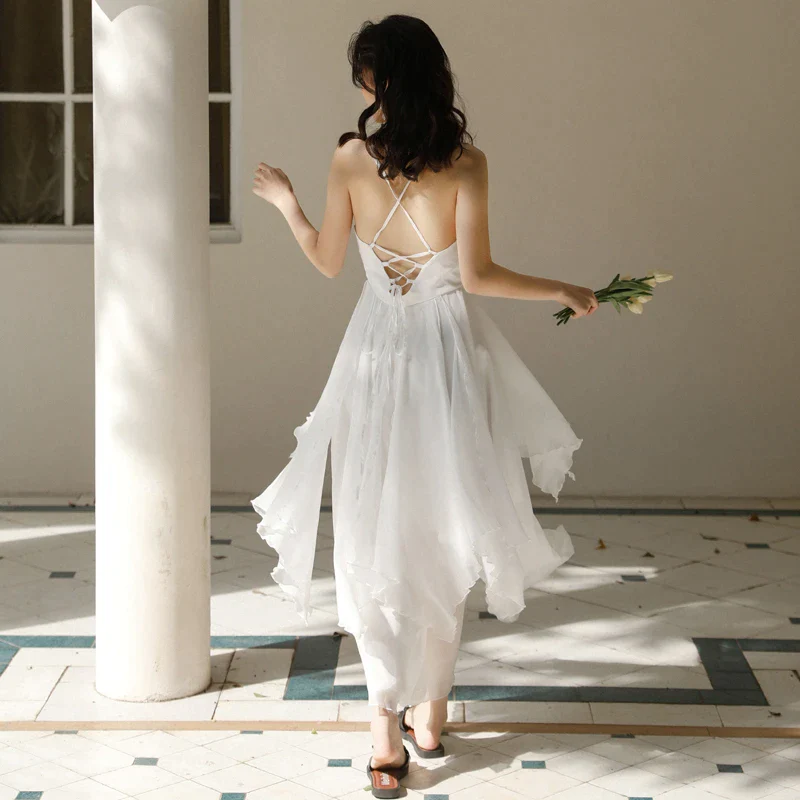 White Chiffon High Low Chic Simple Wedding Party Dress, White Short Prom Dress Graduation Dress Y985
