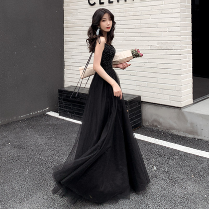 Black tulle beads long prom dress, black evening dress Y1134