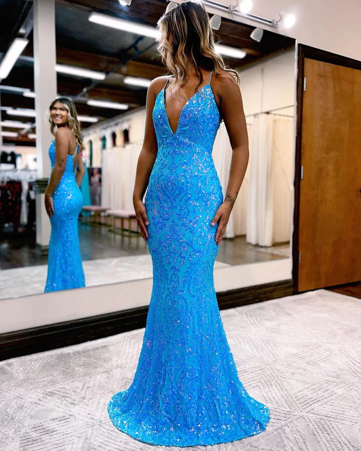 Charming Mermaid V Neck Blue Lace Sequins Long Prom Dresses Y1001