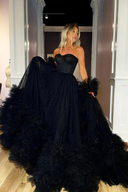 Black Strapless Tulle Long Ball Gown, A-Line Evening Dress Y1797