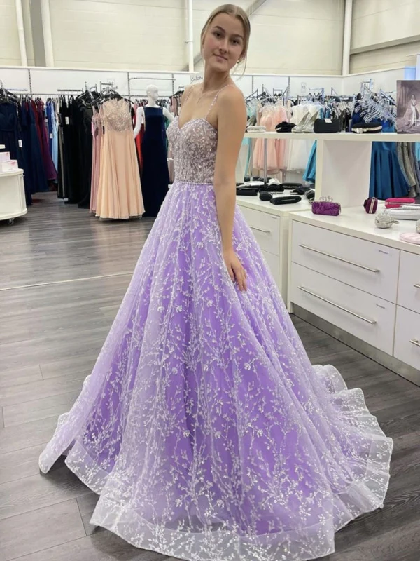 Sweetheart Neck Open Back Purple Lace Long Prom Dresses, Purple Lace Formal Dresses, Purple Evening Dresses Y1730