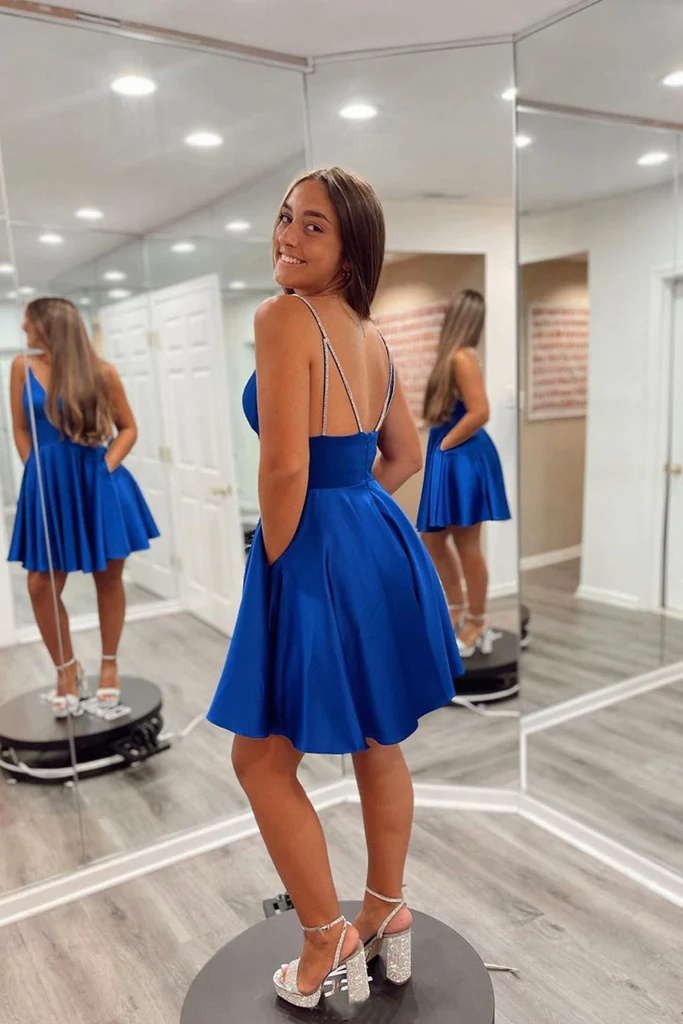 Backless V Neck Royal Blue Prom Dress, Royal Blue Short Homecoming Dress Y202