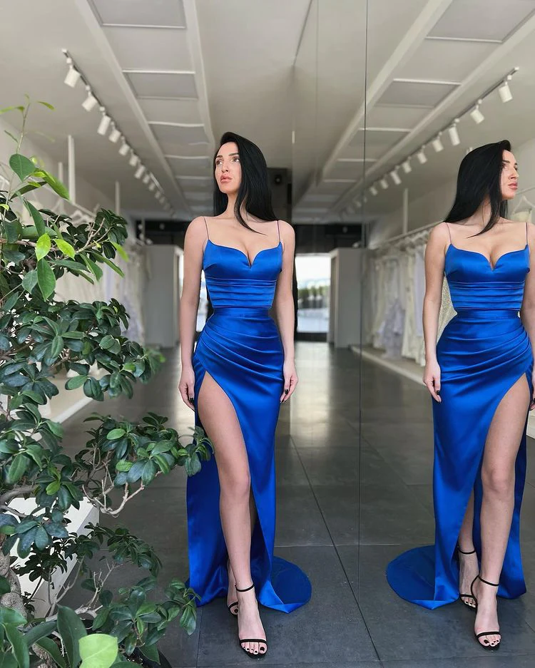 Sexy Royal Blue Spaghetti-Straps Mermaid Prom Dresses With Split Y360
