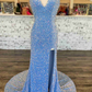 Light Blue V-Neck Sequins Long Prom Dress with Slit Y831