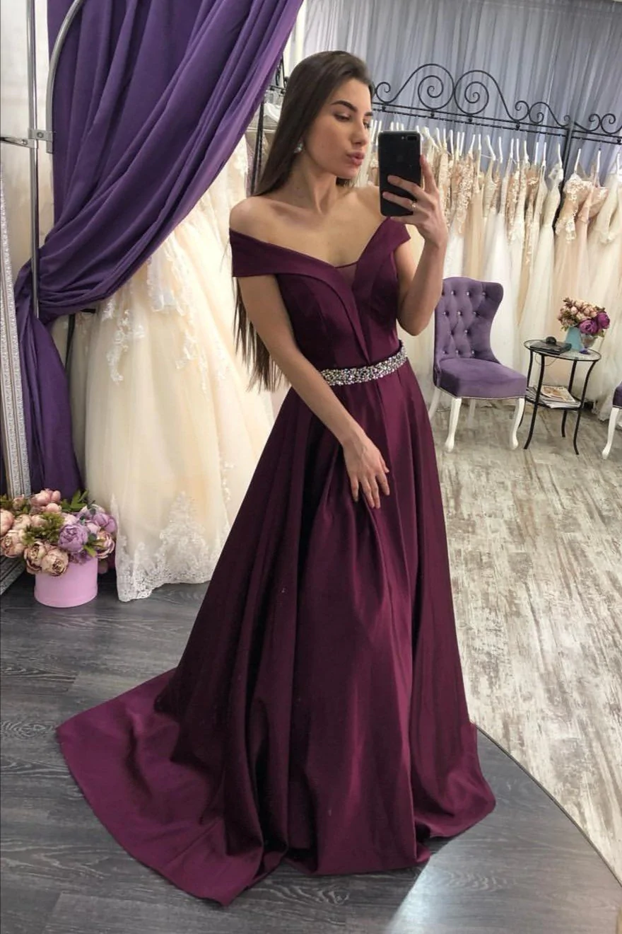 Grape Purple Satin Prom Dresses with Beaded Belt Y933