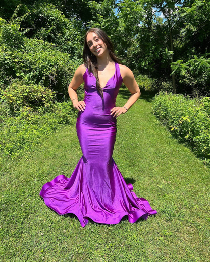 Sexy Mermaid Purple Prom Dresses Simple Long V Neck Formal Dress Y1104