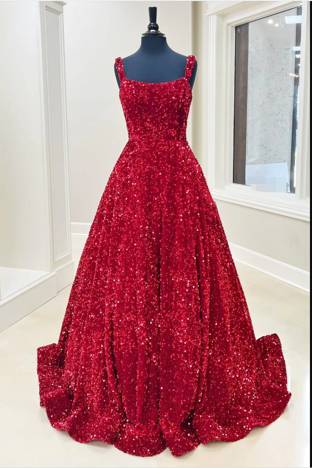 Red Sequin Square Neck Backless A-Line Long Prom Dress Y1534