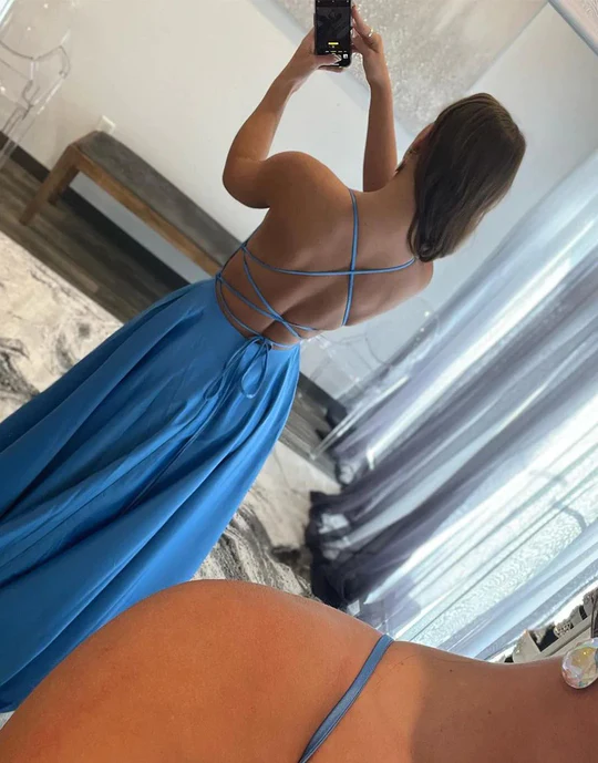 Simple Blue Spaghetti Straps Backless A-Line Prom Dresses Y468